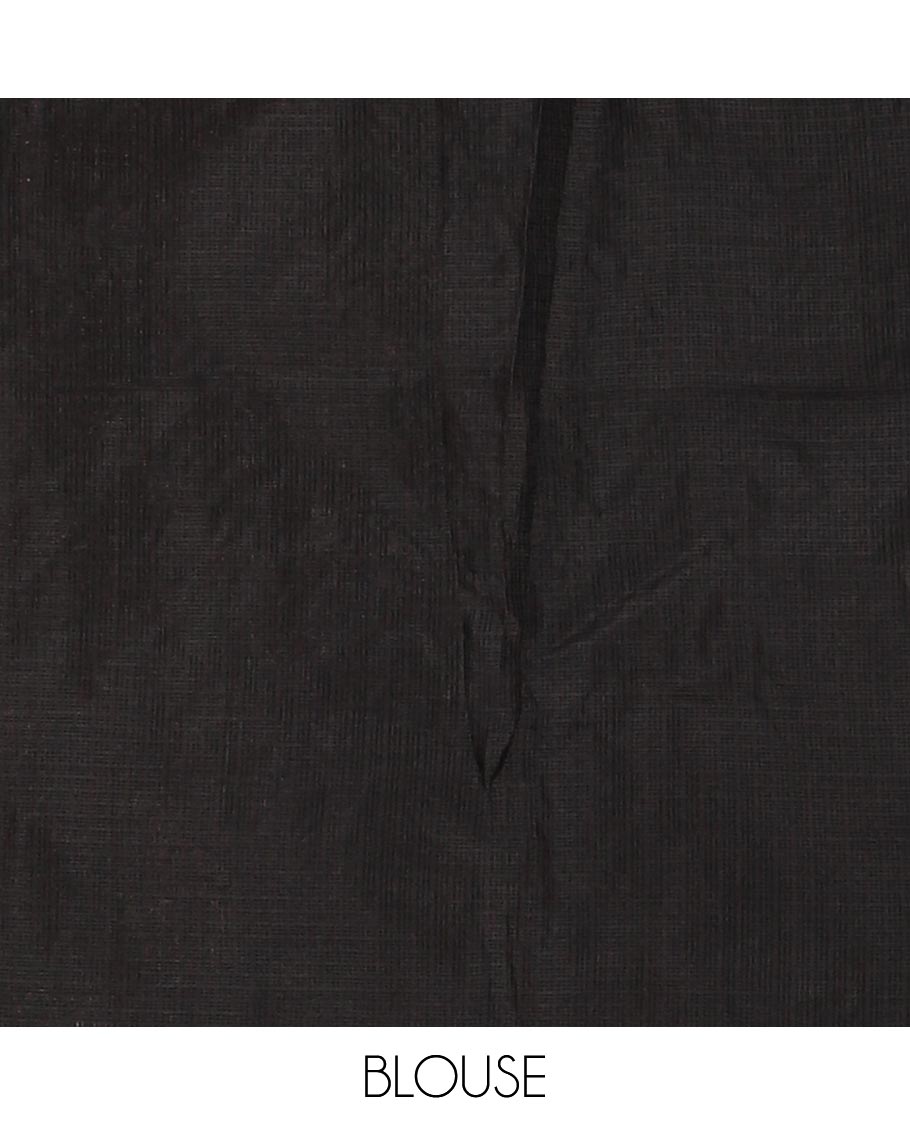 Black all-over feather motifs, red-color thread embroidered Kota chex saree, lace border, and plain black blouse