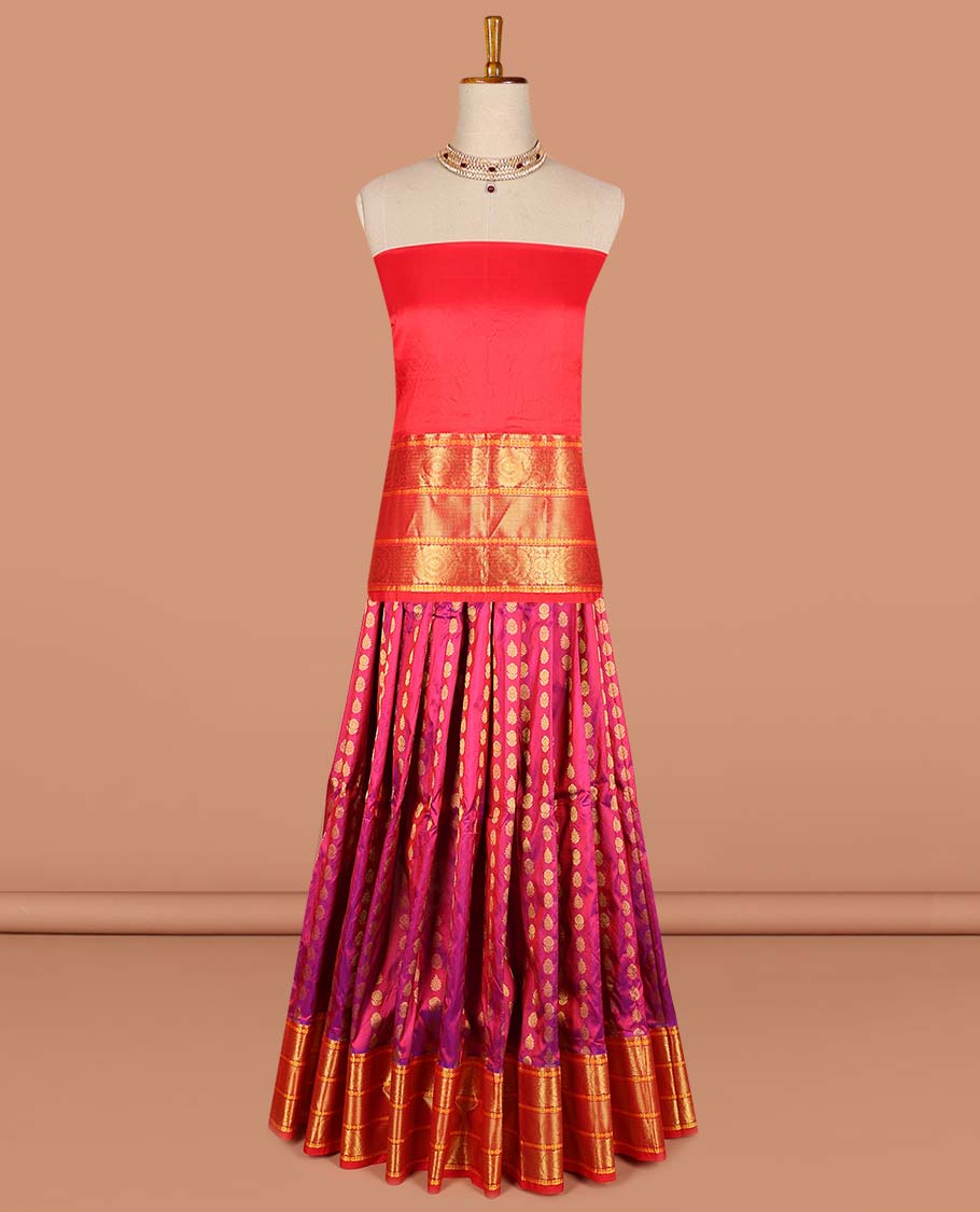 Pink floral buttas pure silk half saree with contrast intricate zari design border, zari design blouse & argyle zari design dhavani