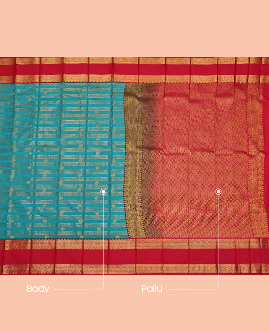 Blue Budget Silk Saree, Gracefully Embellished with Zari Stripes and Peacock Buttas on Its Body, Complemented by Contrast Traditional Zari Design Rettai Pettu Border, Grand Jaal Pallu, and Paired with a Contrast Blouse
