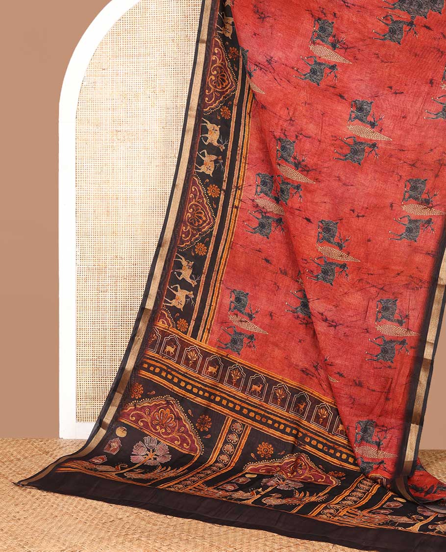 Red deer, hand block digital printed muslin cotton saree with zari, dee printed border & printed pallu along with printed blouse