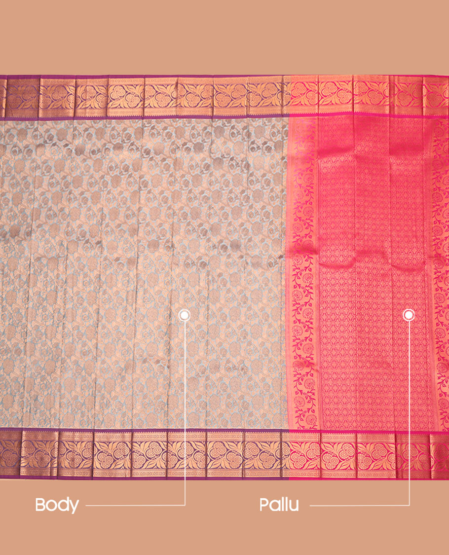 Grey Budget Silk Saree, Elevated with Floral Jacquard, Complemented by a Contrast Floral Creeper Zari Border, Jaal Pallu, and a Contrast Blouse