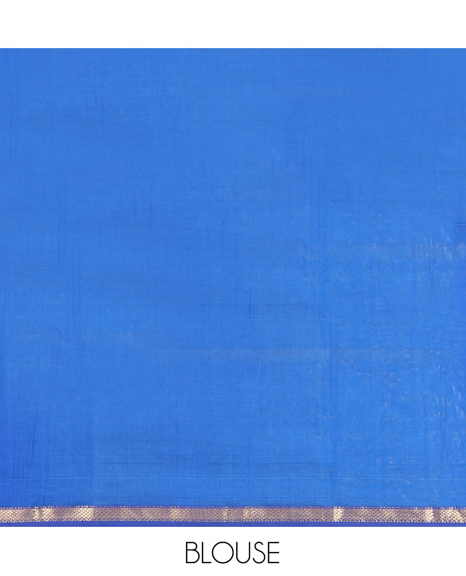 M.s Blue Maheshwari Cotton Saree, Accentuated with Zari Stripes, a Piping Zari Border, Gleaming Zari Pallu, and a Matching Blouse