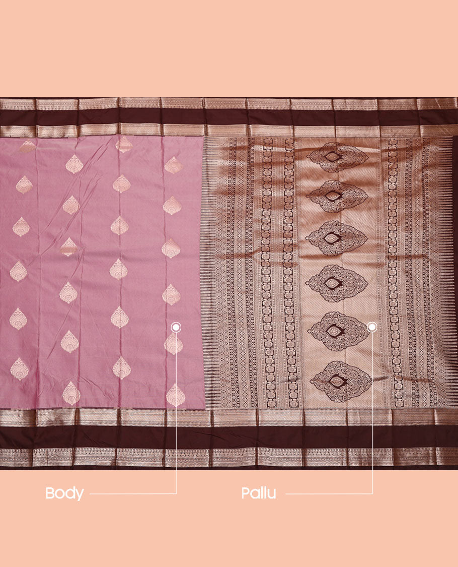 Pink Budget Silk Saree, Graced with Zari Buttas, Complemented by a Contrast Traditional Zari Rettai Pettu Border, Intricate Pallu, and a Contrast Blouse
