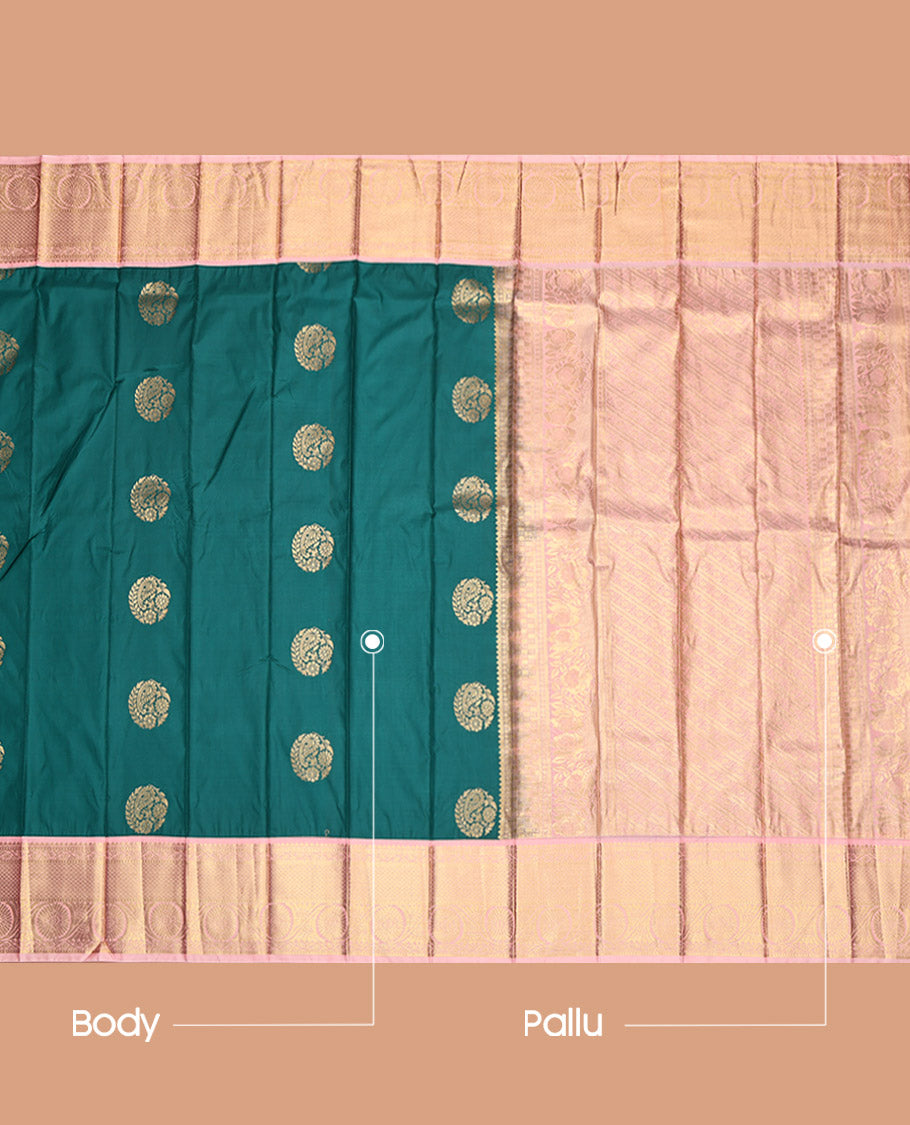 Green Budget Silk Saree, Elevated with Zari Buttas, Contrast Traditional Zari Border, Diagonally Striped Pallu, and a Contrast Blouse