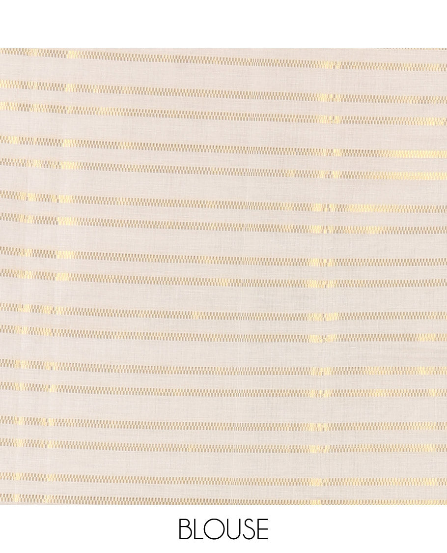 Borderless cream and maroon horizontal muthu zari striped Kerala cotton saree, self-pallu with tassels, and a matching blouse