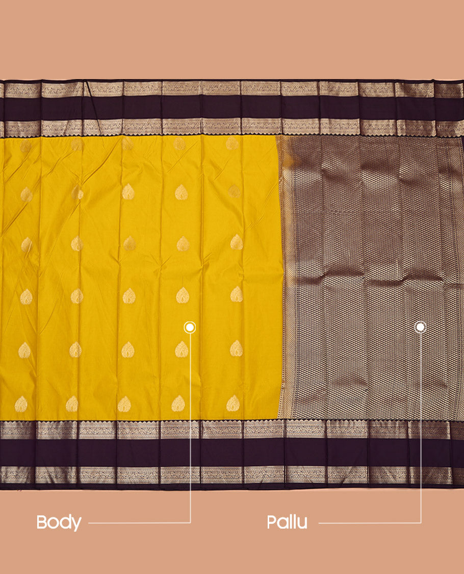 Yellow Budget Silk Saree, Adorned with Zari Buttas on Its Body, Complemented by a Contrast Traditional Zari Design Rettai Pettu Border, Pallu of Jaal Design, and Paired with a Contrast Blouse