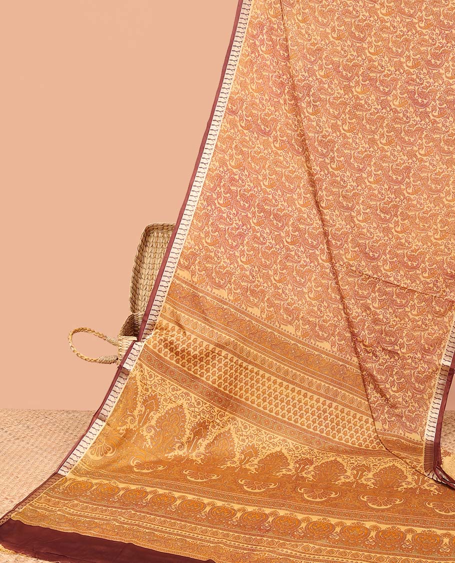 Orange intricate paisley vine semi-banaras printed saree, contrast paisley motifs border & intricate printed pallu