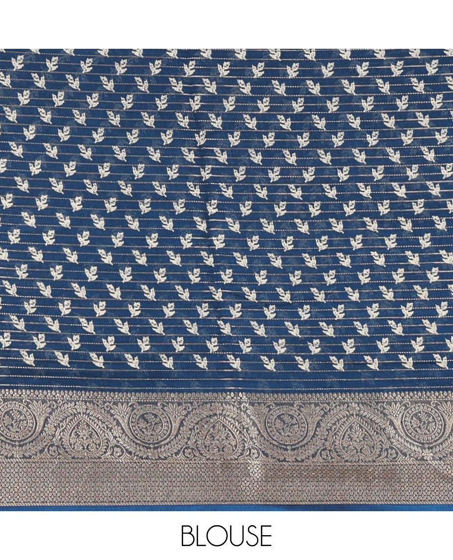 Blue dotted striped & batik leaf printed viscose georgette saree, traditional design zari border, intricate pallu & blouse of print & zari work