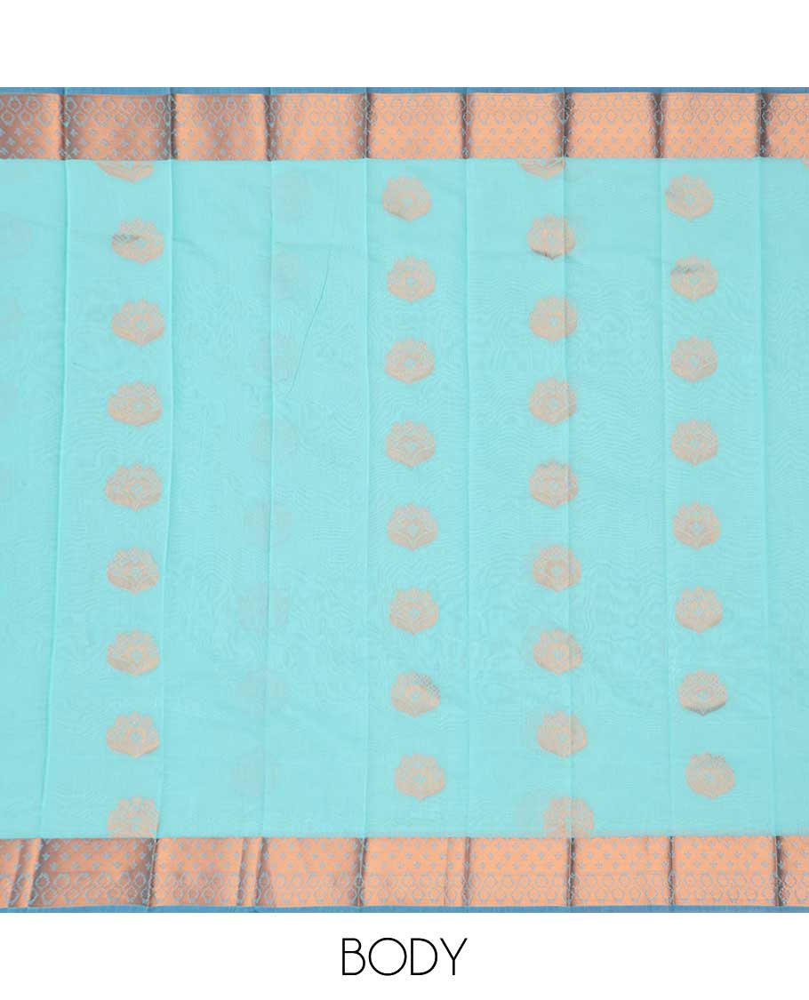 Light blue motifs kora cotton saree with contrast zari design border & intricate zari design pallu