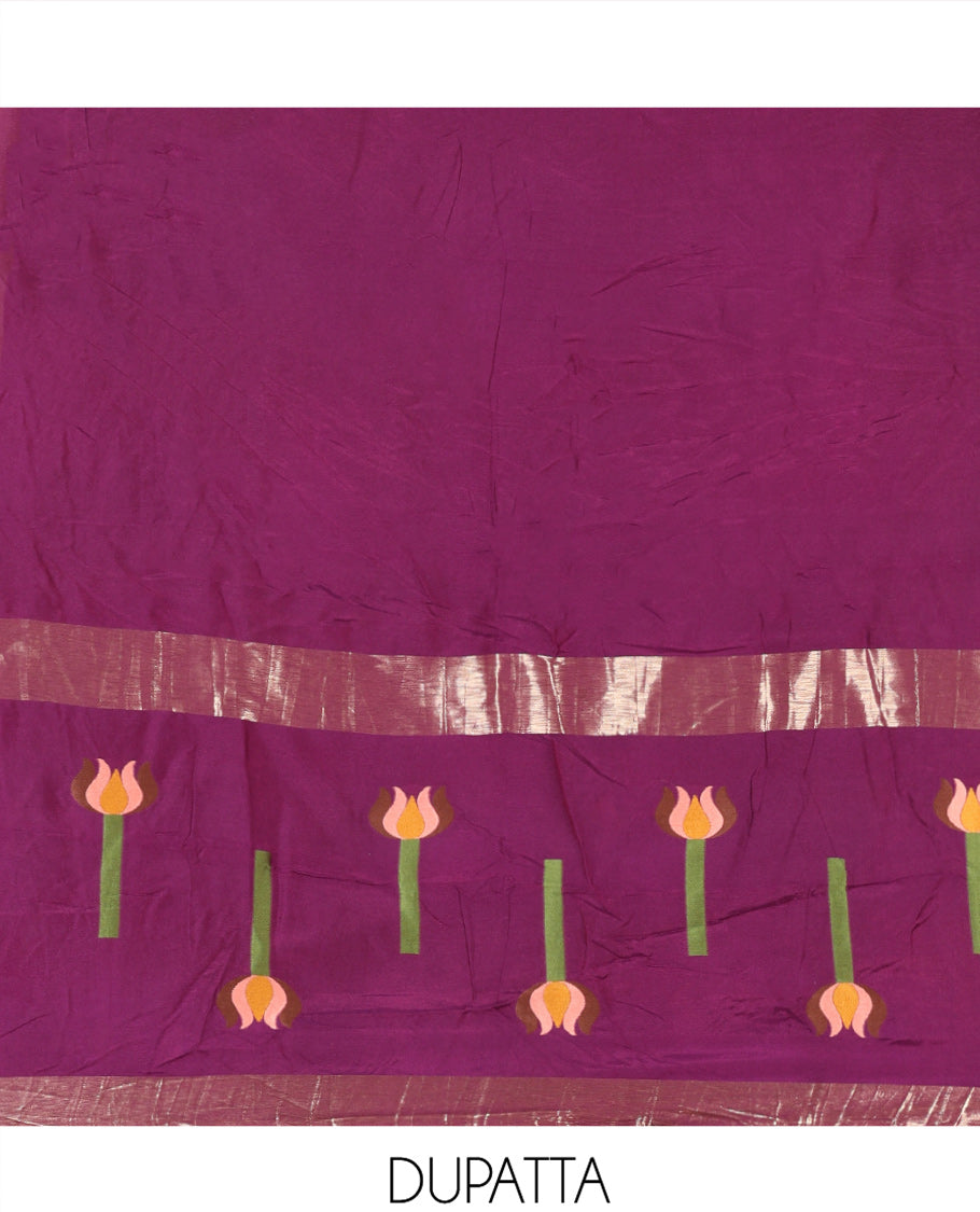 Dark Purple Mul Chanderi Material Chudidar Features Jamdani-Floral Top, Plain Bottom, Jamdani-Floral Dupatta