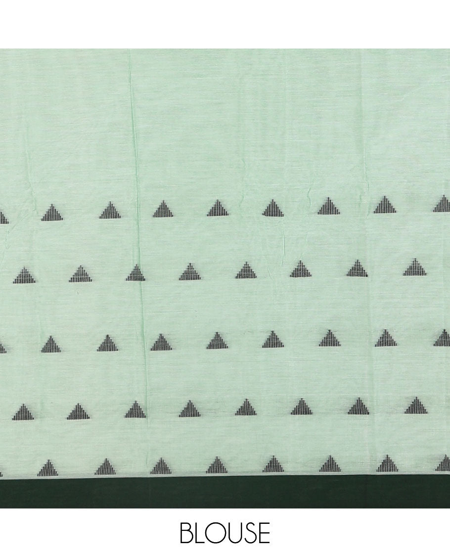 Green triangle motifs mercerised cotton saree, contrast plain border, striped pallu, and matching triangle motifs blouse