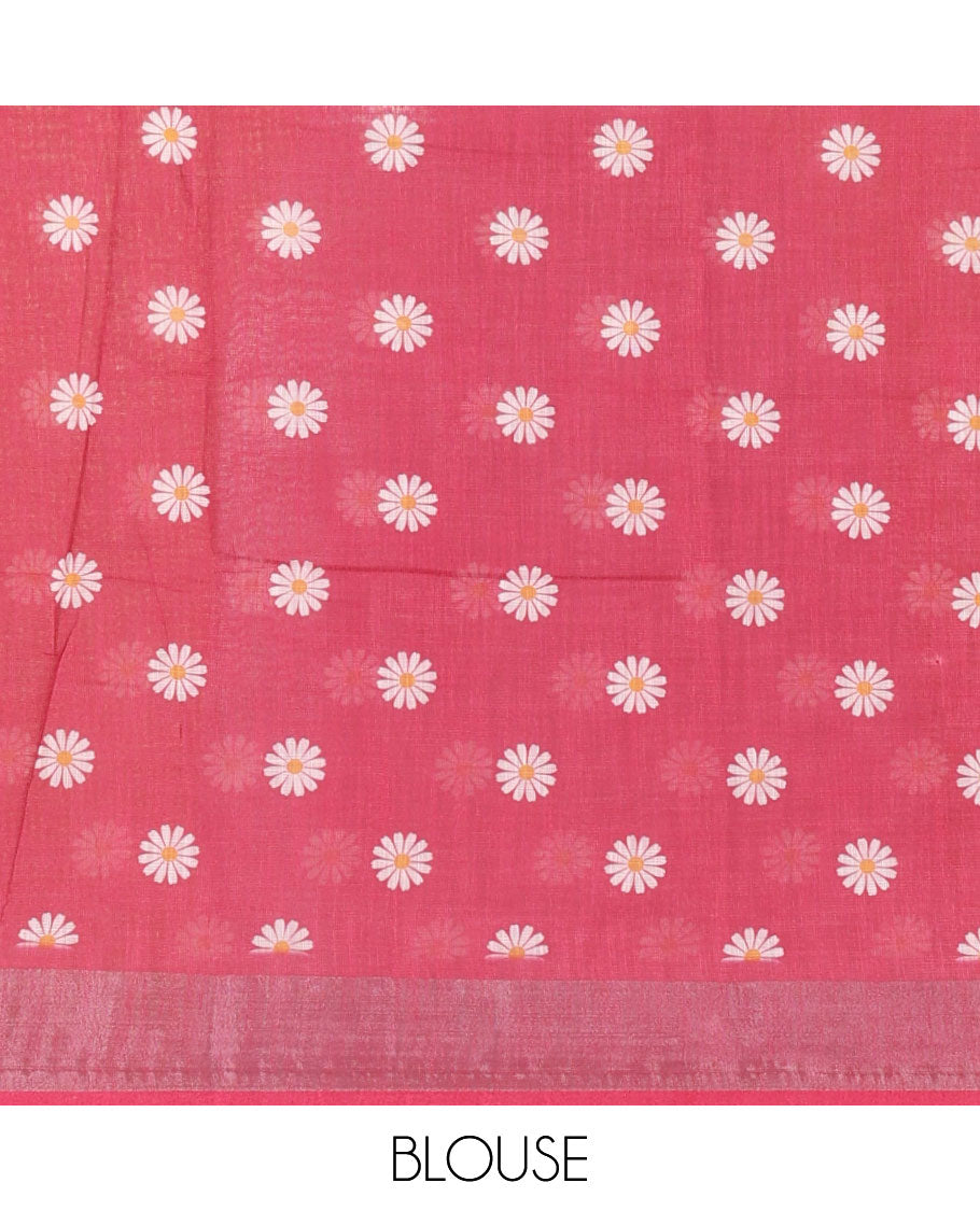 Pink sunflower motif printed linen saree, silver zari plain border & small sunflower motif print blouse