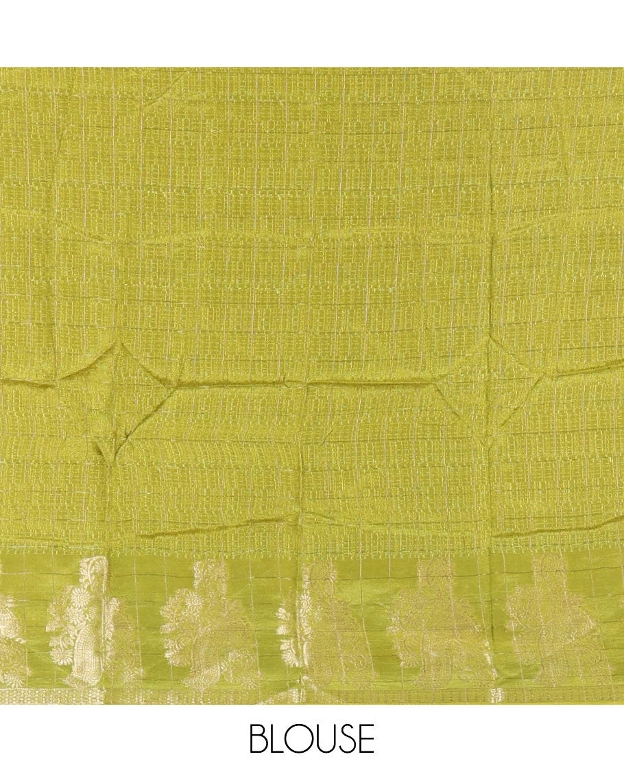 Green micro-checked design viscose khadi silk saree, peacock zari motifs woven border, zari striped pallu, and a matching blouse