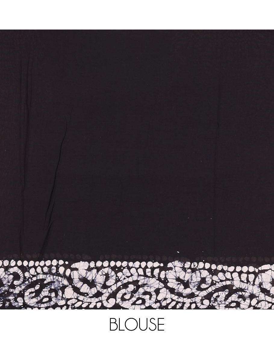 Black-Maroon batik floral printed soft cotton saree, batik printed pom-pom tasseled border, batik floral printed pallu, and a matching blouse