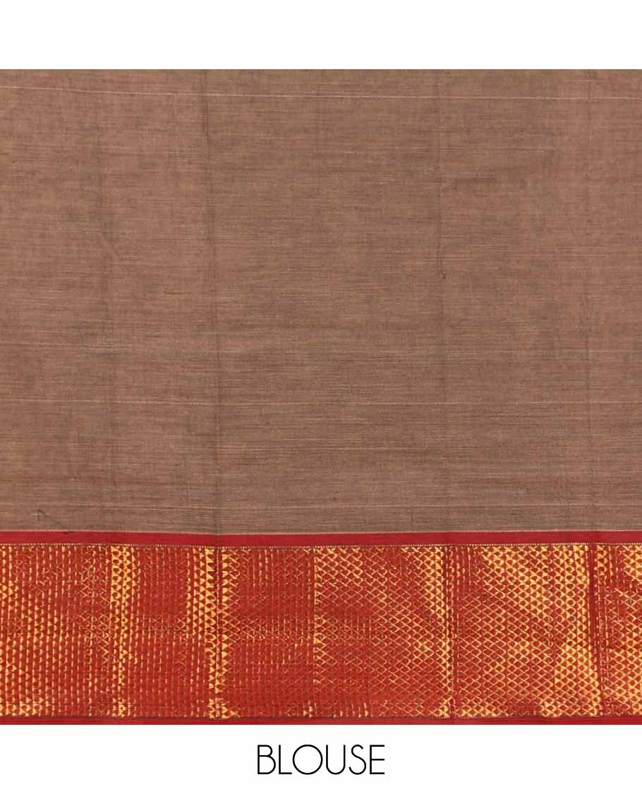 Pink cotton half saree with contrast traditional border , plain blouse & plain dhavani with zari design border