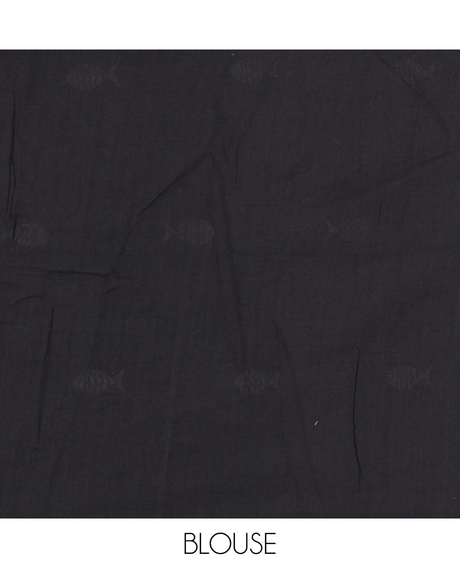 Borderless black fish motifs thread embroidered khadi mul cotton saree, fish motifs thread embroidered pallu, and a matching plain blouse