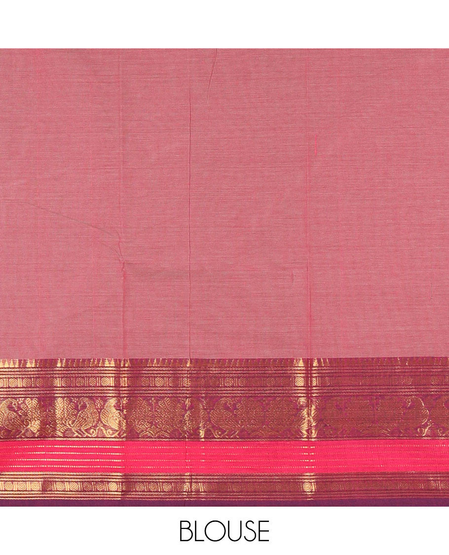Pink plain Chettinad cotton saree, contrast rettai rettu annam and temple motif zari border, striped pallu, and matching blouse