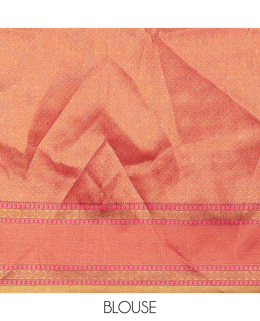 Green floral printed art silk half saree, contrast traditional design border, jacquard blouse & intricate dhavani