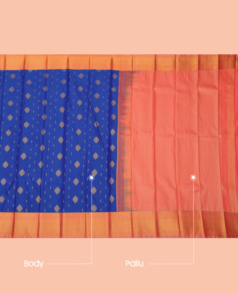 Blue Budget Silk Saree, Graced with Zari Buttas, a Contrast Traditional Zari Border, Grand Pallu, and a Contrast Blouse