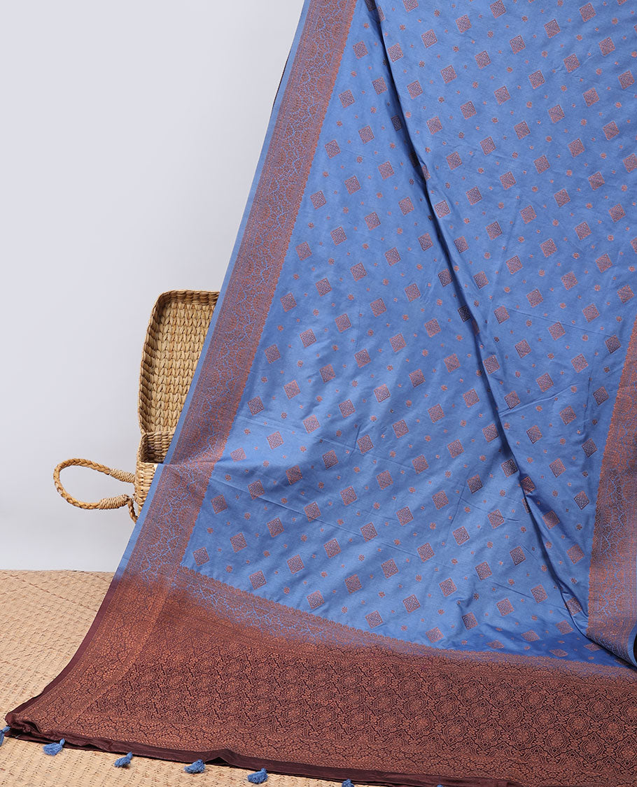 Violet geometric motifs semi-banaras tussar saree with contrast zari border & pallu of jaal design