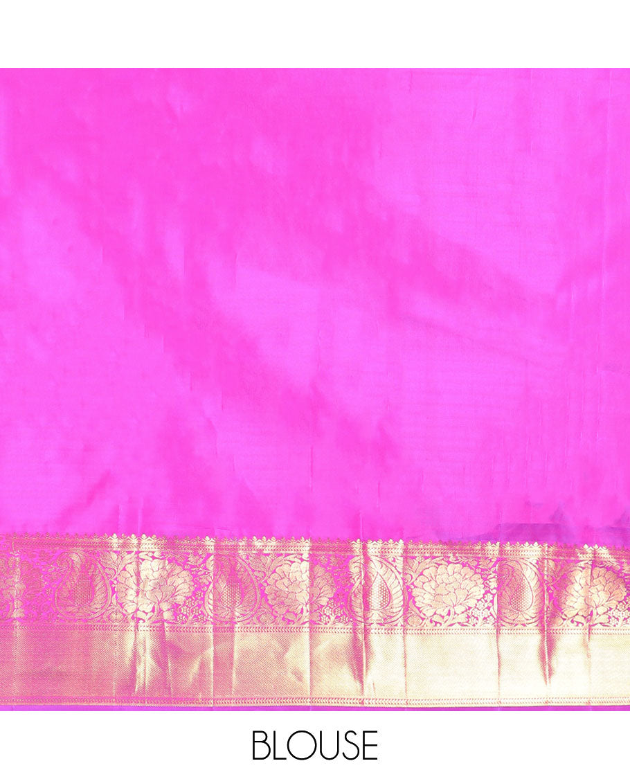 Pink floral jacquard silk saree with self zari border of thilakam mokku, kathir, banaras design & zari design pallu