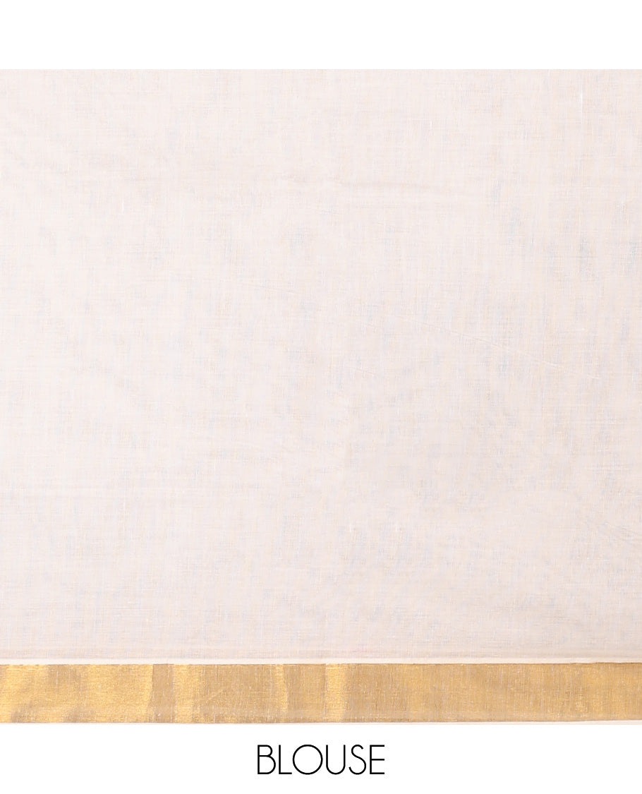 Cream kerala saree with zari stripes, zari border & pallu of floral & paisley designs