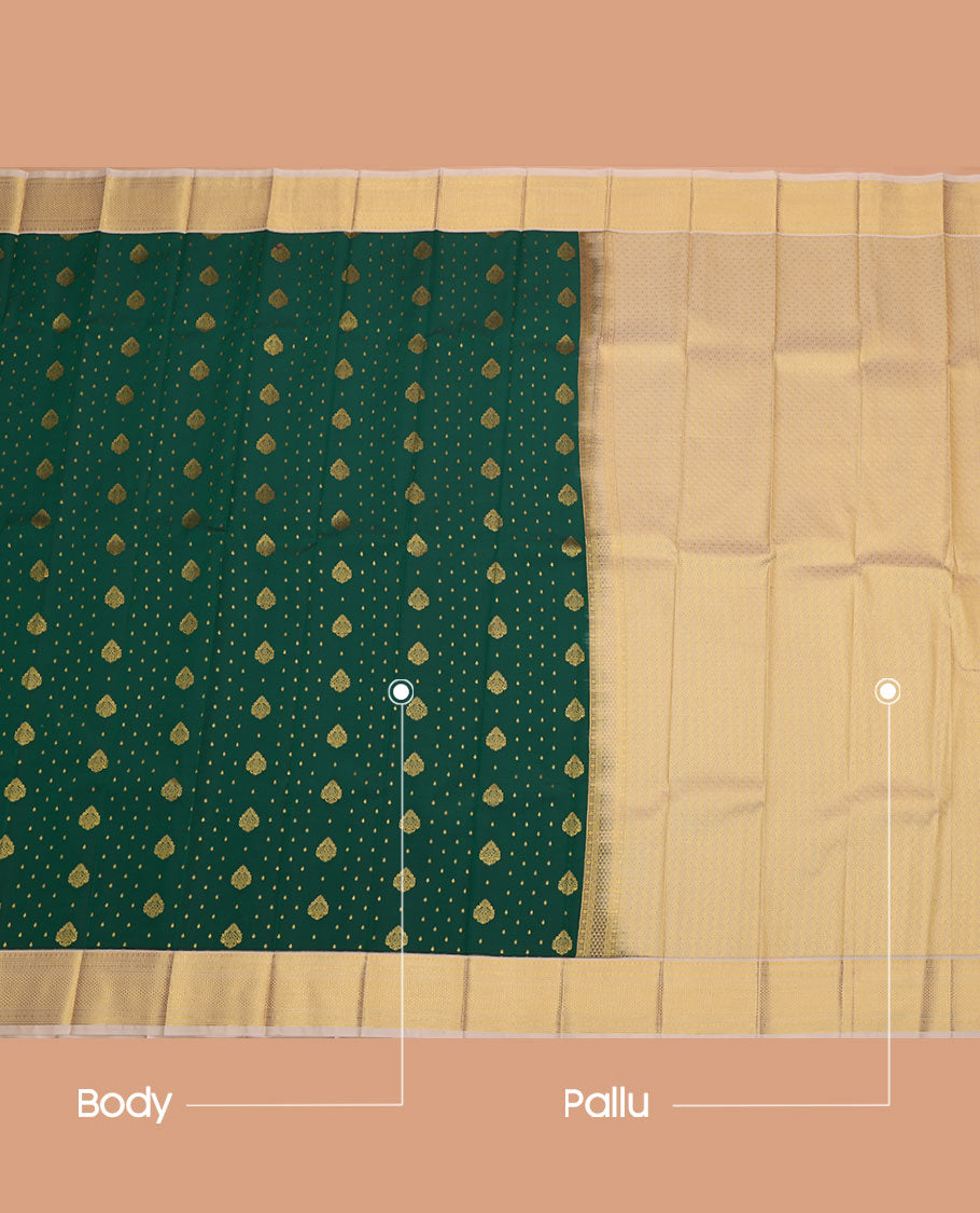 Green Budget Silk Saree, Accentuated with Zari Buttas All Over Its Body, Complemented by a Contrast Traditional Zari Design-Woven Border, Subtly Woven Pallu of Jaal Designs, and Paired with a Contrast Blouse