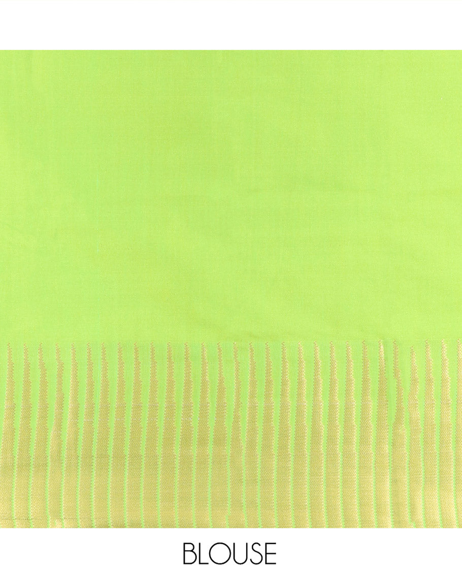 Parrot Green Budget Silk Saree, Sparsely Woven with Zari Buttas All Over Its Body, Highlighted by Temple Zari Border, Gleaming Chevron-Patterned Pallu, and Paired with a Matching Blouse