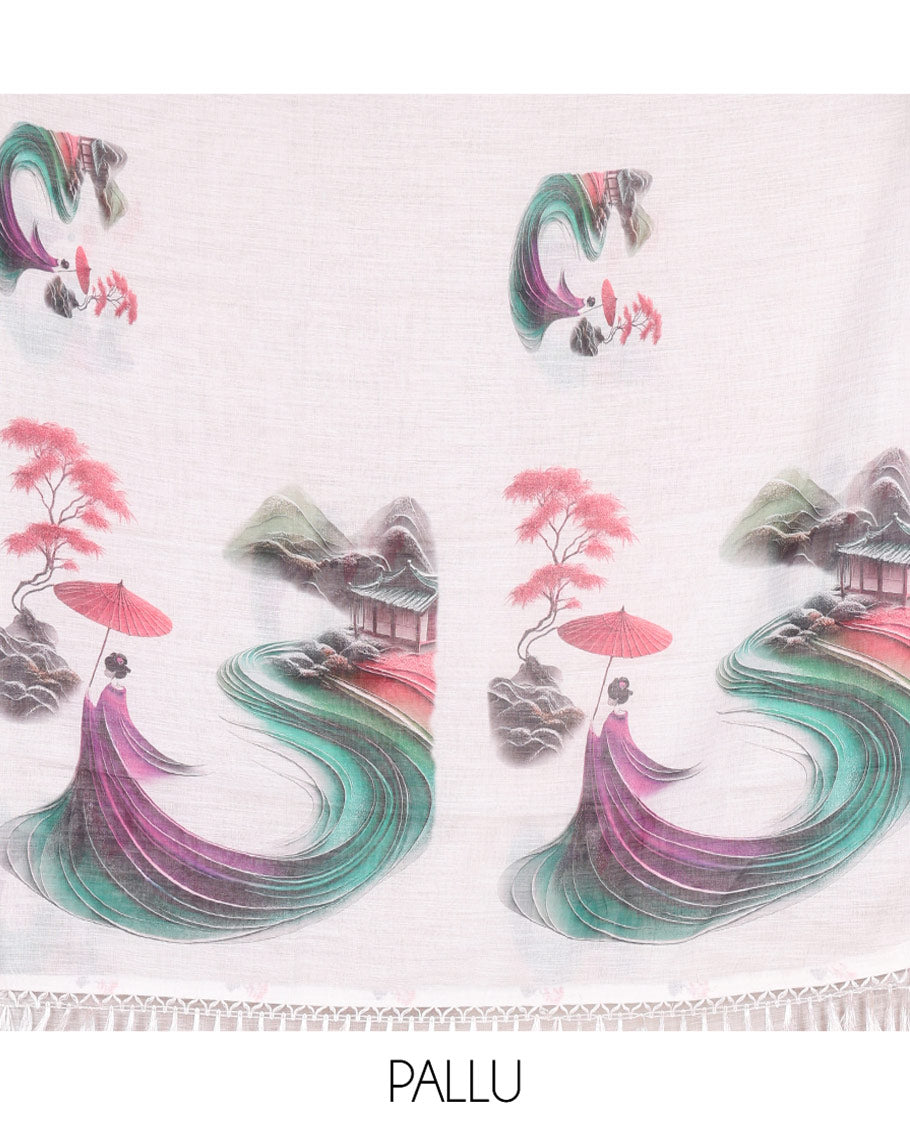 White Linen Cotton Saree Depicting Chinese Women Motifs Printed on Its Body, and Pallu, Subtle Piping Border, and Paired with a Matching Blouse