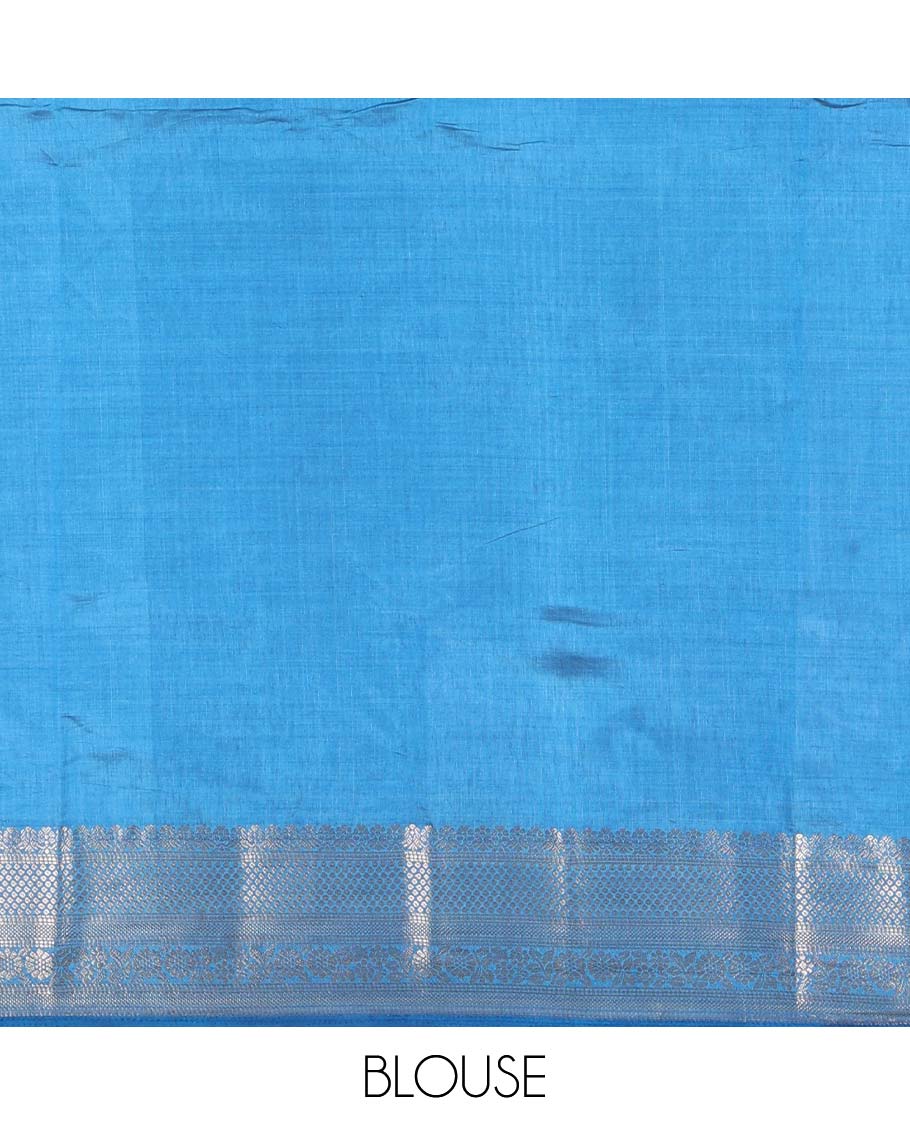 Blue uniquely printed semi-tussar saree, traditional zari border, zari striped pallu, and a matching blouse