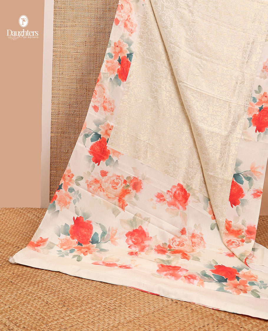 Cream floral jacquard crepe saree with self floral design border & floral printed pallu