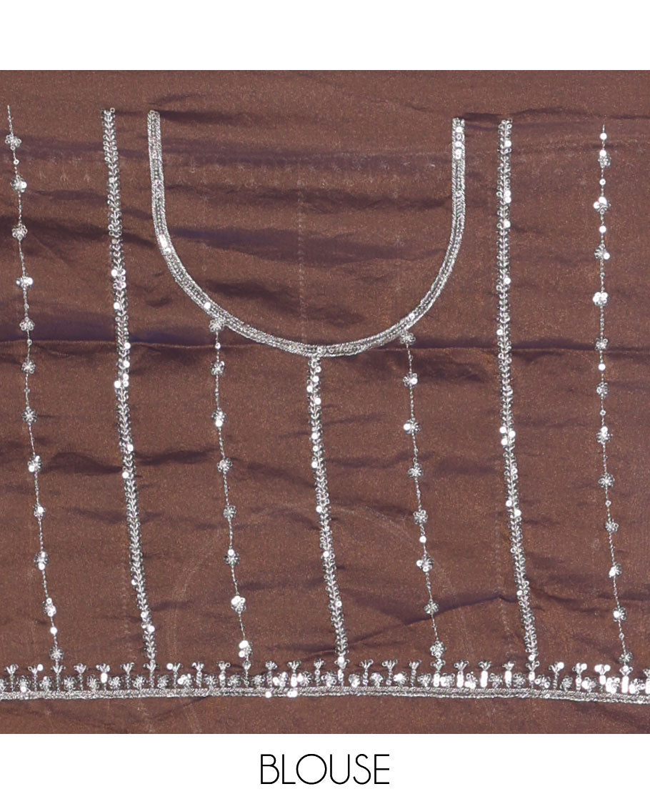 Navy blue vertical stripes embroidered shimmer chiffon saree, scallop embroidered border, embroidered pallu, and fancy embroidered matching blouse