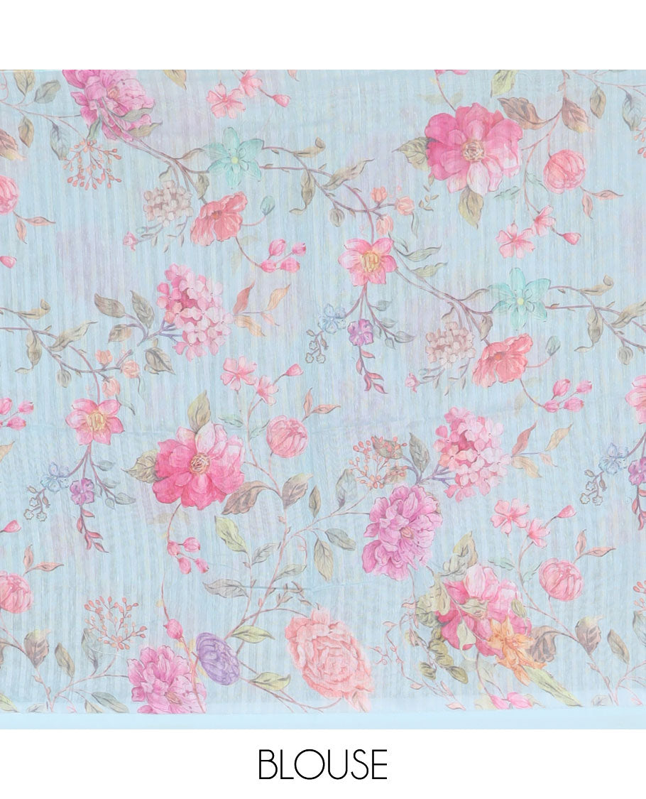 Ligh blue floral design linen saree with self plain border