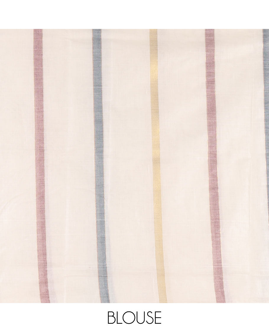 Borderless cream-blue vertical striped Kerala cotton saree, ragkat style pallu, and running blouse