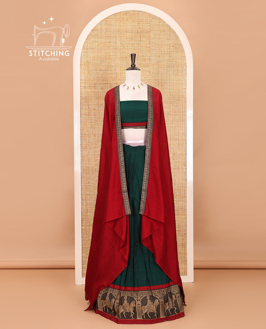 Green with maroon mercedised cotton half-saree, contrast elephant zari border skirt, matching blouse & one side border georgette dhavani