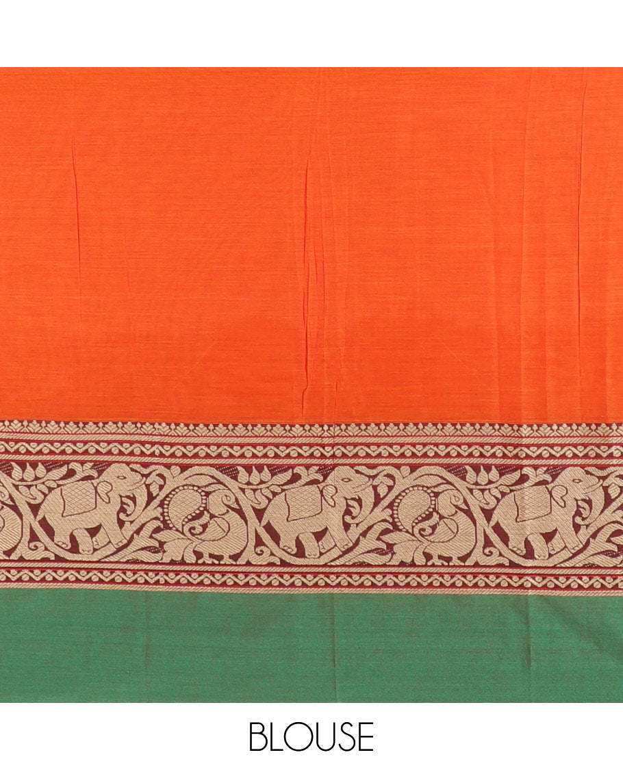 Orange plain mercerised cotton saree, contrast traditional border of peacock, and elephant motifs, striped pallu, and a matching blouse