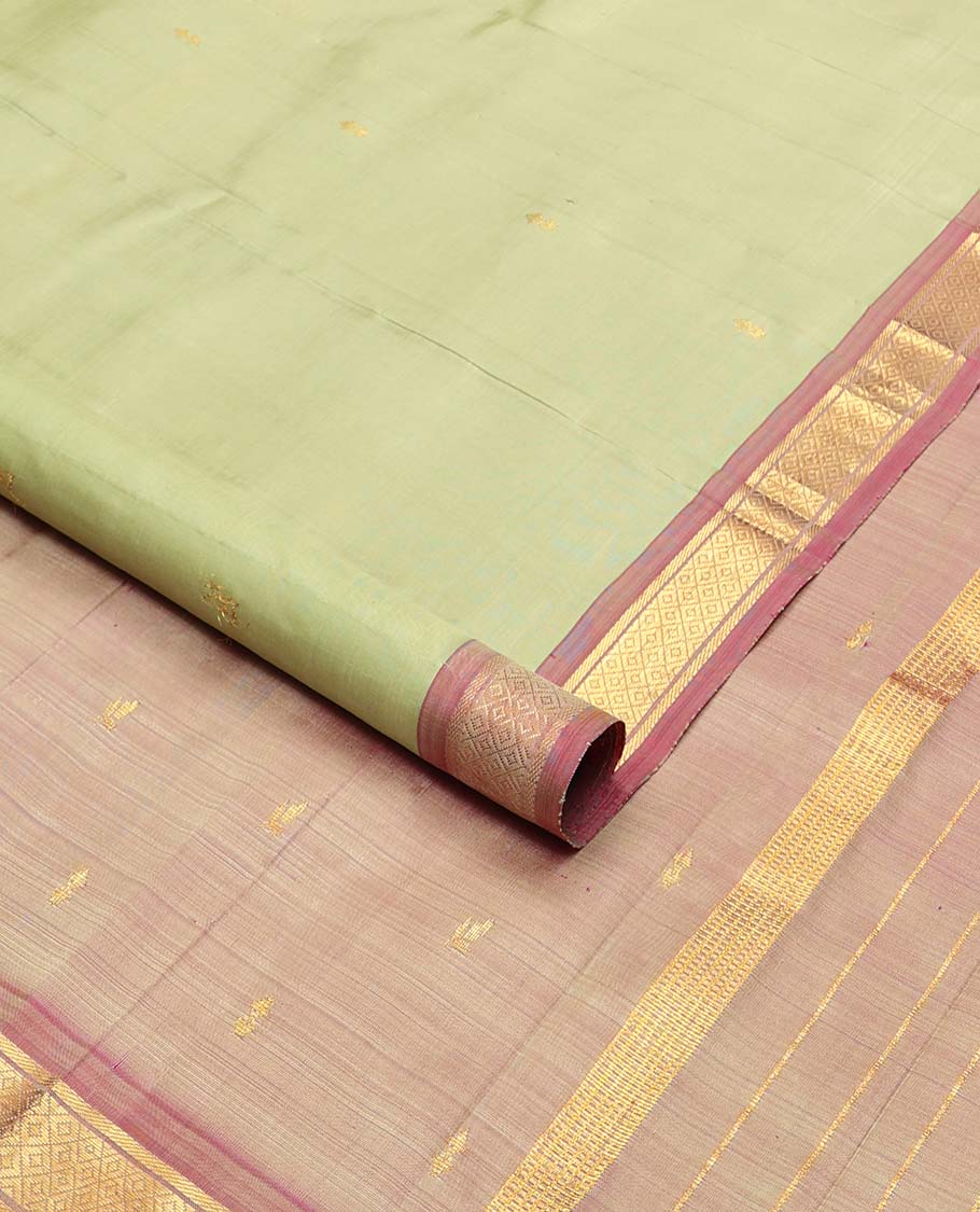 Mint green buttas kancheepuram silk saree with contrast border of banaras, kuyil kann design & zari design pallu