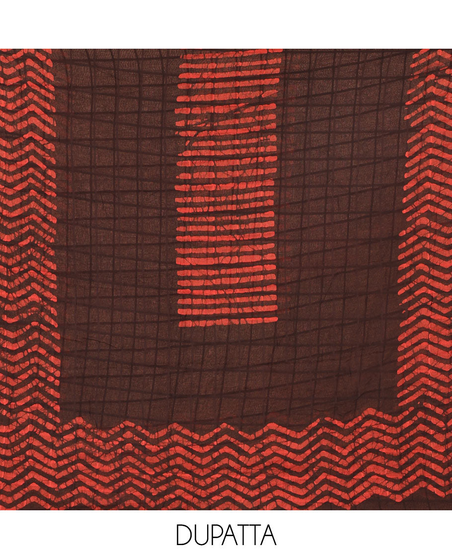 Maroon material chudidar set, batik print, mirror work and kantha work cotton top, cotton bottom, and batik printed dupatta