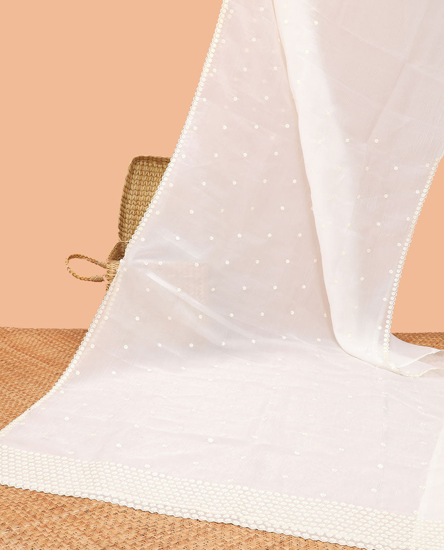 White floral thread embroidery tissue saree with floral scallop thread embroidery border