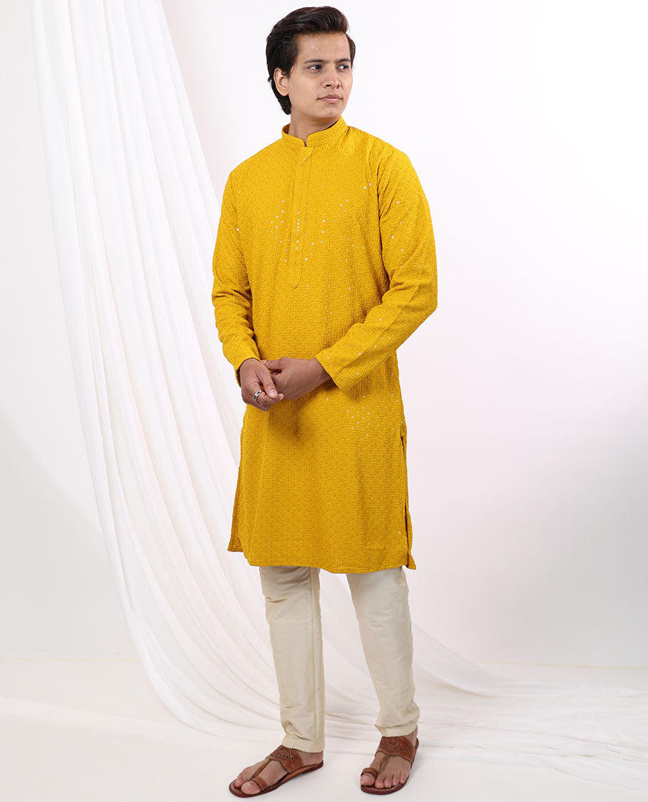 Mustard geometric embroidery with sequins work mandarin collar & full-sleeve long raw silk kurta