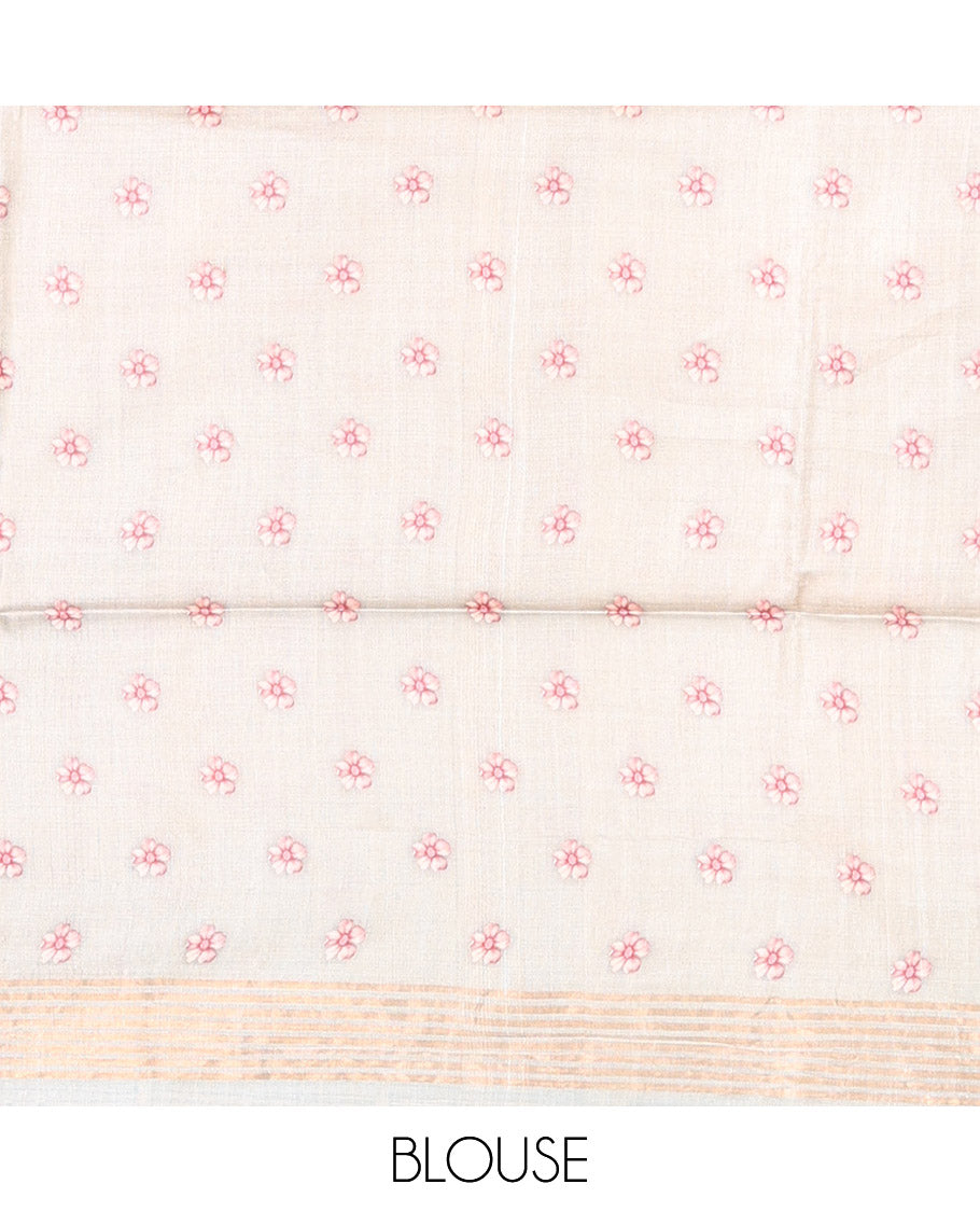 Off-White Tussar Silk Saree, Beautifully Bedecked with Fantasy-Style Floral and Buildings Printed on Its Body, a Subtle Contrast Striped Border, Heathered Pallu, and Paired with a Matching Blouse