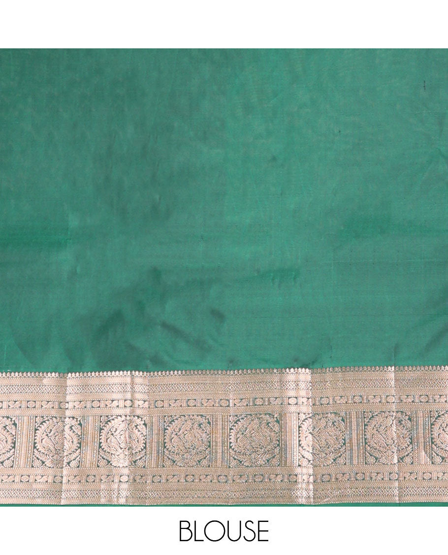 Green leaf buttas kancheepuram silk saree with self border of thilakam mokku, muthu, paun, mayil, kathir design & zari design pallu