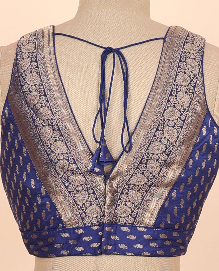 Dark blue floral zari design front & back deep v-neck raw-silk readymade sleeveless blouse