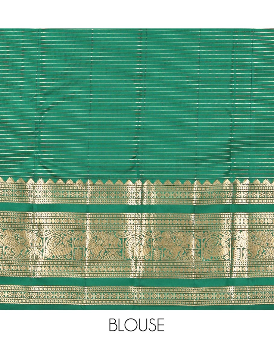 Green Vasundhara Lite Silk Mix Saree, Adorned with Mayil-Chakram Buttas and Zari Checks On Its Body, Highlighted by Zari Border of Rekku, Rudraksham, Mayil, and Kuthirai Designs, Grand Jaal Pallu and Paired with a Matching Blouse