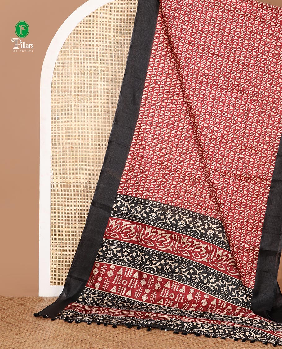 Black batik-style geometric motifs block printed khadi cotton saree,contrast border, batik floral print pallu & plain black blouse