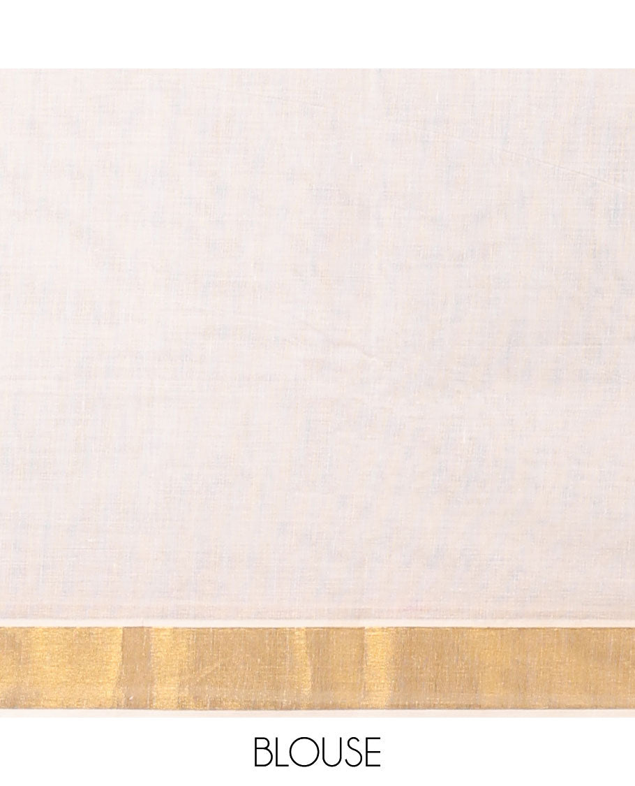 Cream kerala saree with zari stripes, zari border & pallu of traditional designs in zari