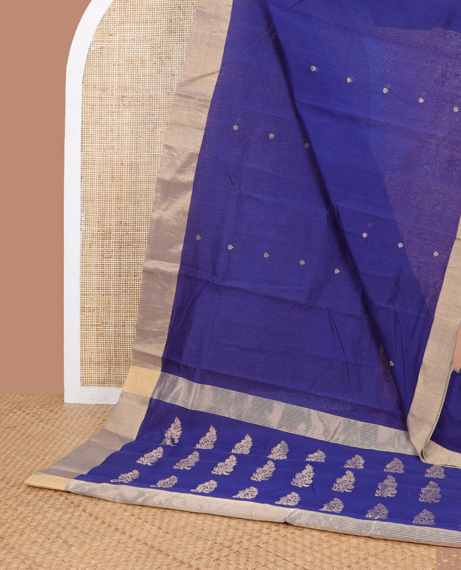 Blue floral motifs chanderi cotton saree with self zari border & striped, floral design pallu