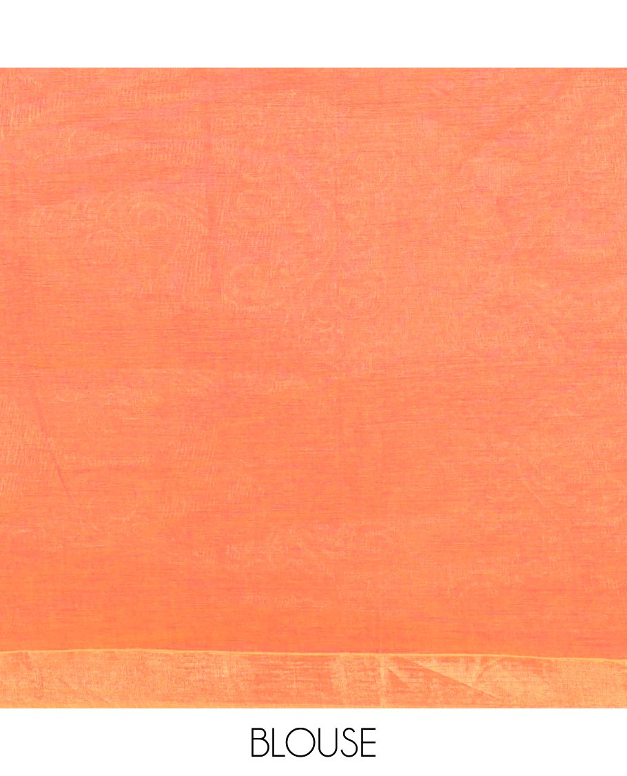 Orange Coimbatore Cotton Saree, Delicately Designed with Stripes, Checks, and Buttas All Over Its Body, Subtly Zari Border, Sparsely Woven Pallu of Floral-Leaf Designs, and Paired with a Matching Blouse