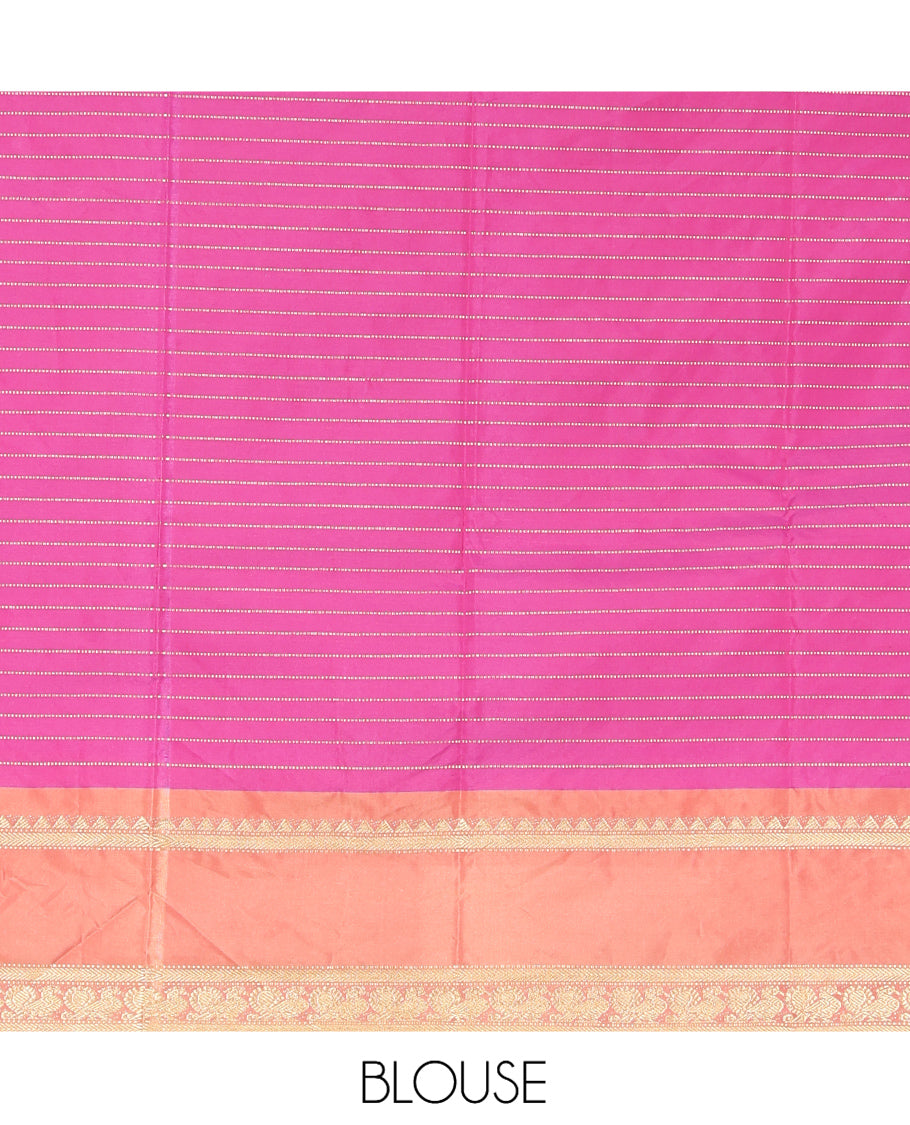 Pink Zari Striped Arani Saree, Mesmerized with Zari Stripes, a Contrast Rettai Pettu Traditional Border, Pallu of Zari Stripes, and a Matching Blouse