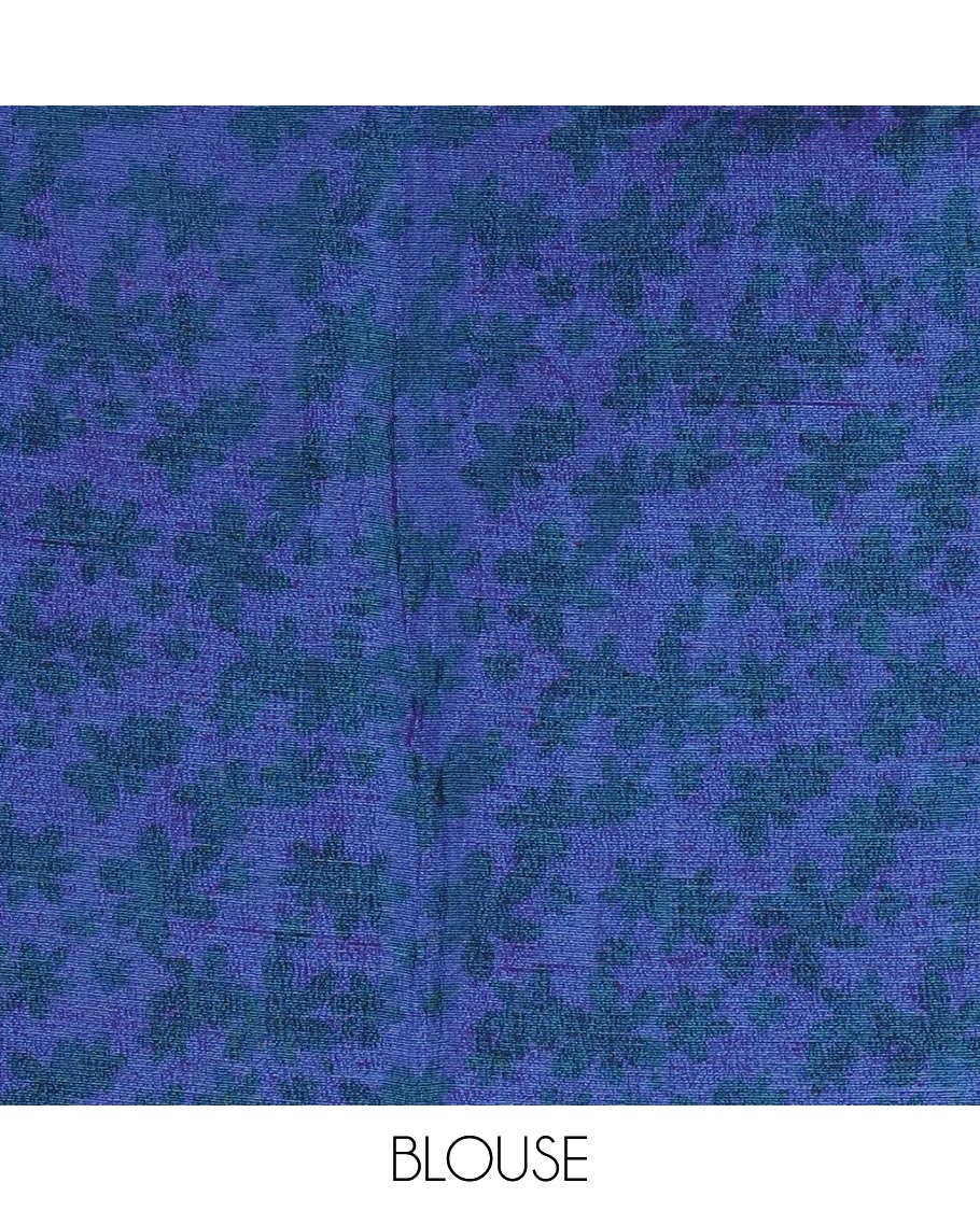 Borderless navy blue plain design viscose saree, flower motifs printed matching blouse